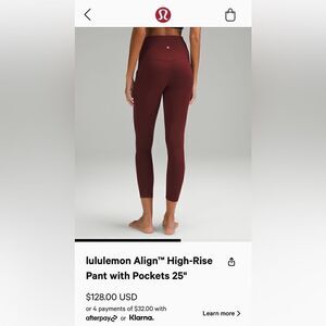 Lululemon red merlot align 25 crops with pockets NWT
